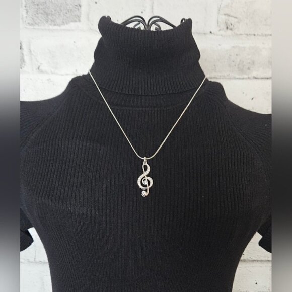Crystal Treble Clef Musical Symbol Pendant with Silvertone Necklace - Picture 2 of 6
